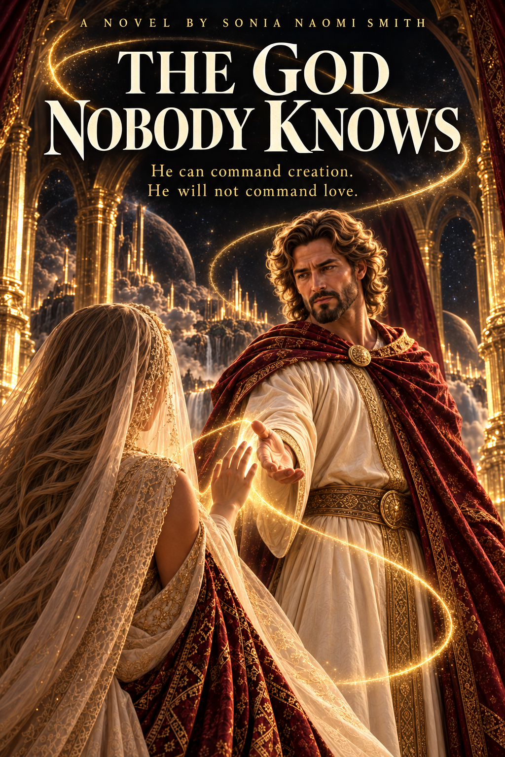 Cover of The God Nobody Knows: the returned Husband extends his hand to the veiled Bride beneath a living golden line