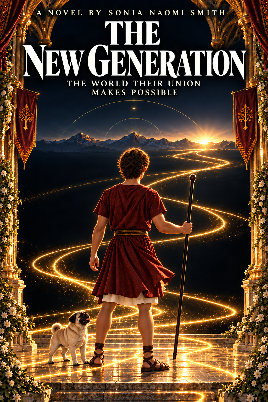 Cover of The New Generation: a young scroll holder and his pug face a new dawn as living gold song-lines cross the darkness