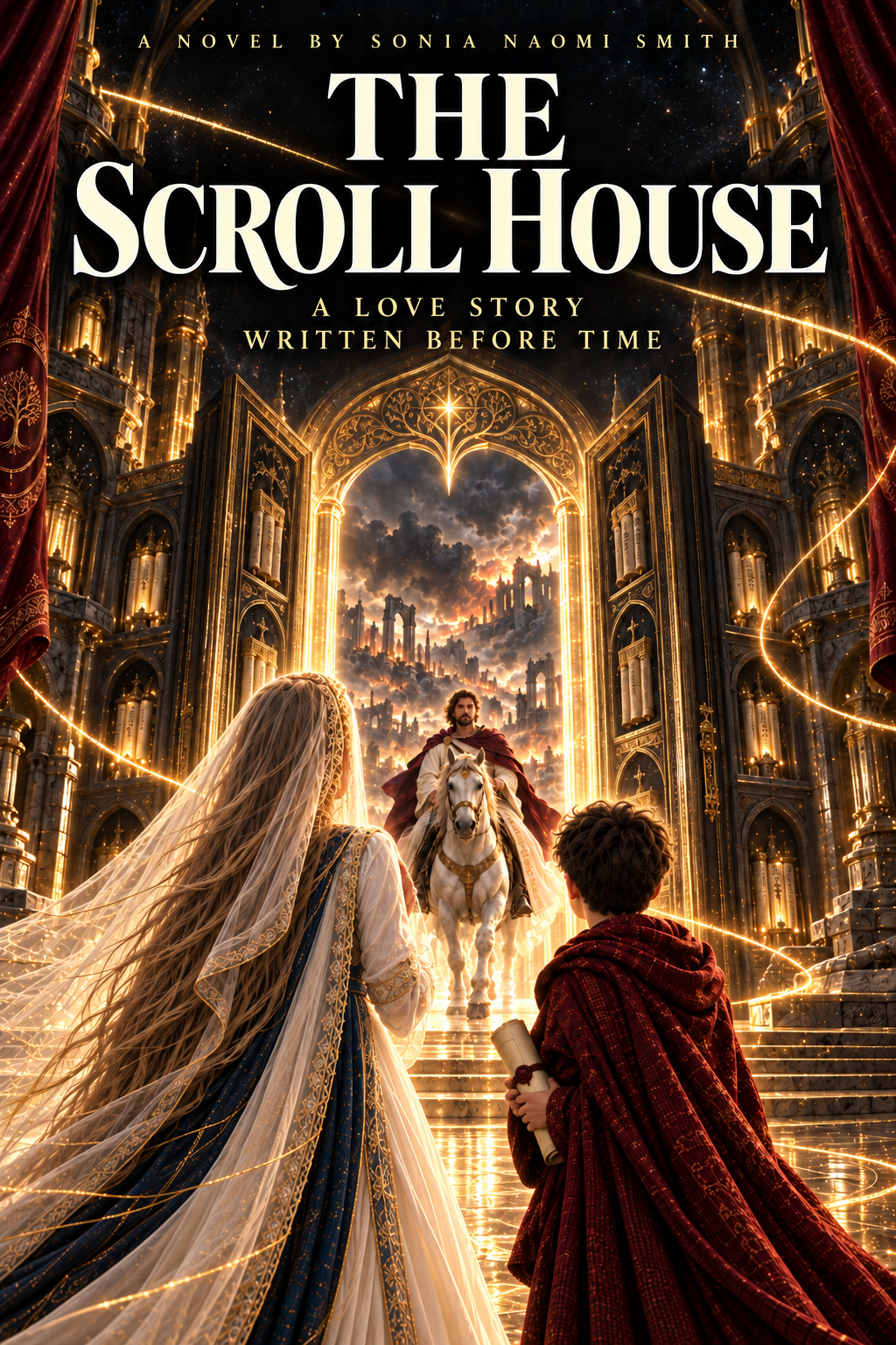 Cover of The Scroll House: the Bride and a young scroll holder face the returning Husband on a white horse beyond the golden doors