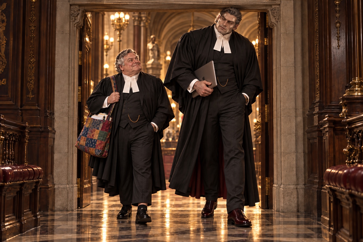 Two barristers cross an ornate threshold, one extraordinarily tall and the other carrying a patchwork bag