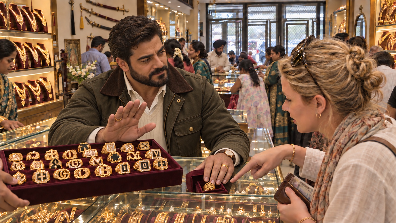 A bearded gold guardian raises one hand above trays of gold rings while a customer points toward a guarded pattern